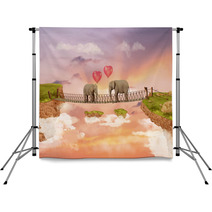Two Elephants On A Bridge In The Sky With Balloons. Illustration Backdrops 56922384