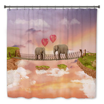 Two Elephants On A Bridge In The Sky With Balloons. Illustration Bath Decor 56922384