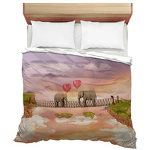 Two Elephants On A Bridge In The Sky With Balloons. Illustration Bedding 56922384