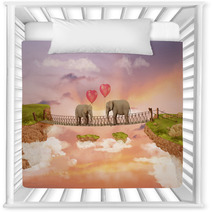 Two Elephants On A Bridge In The Sky With Balloons. Illustration Nursery Decor 56922384