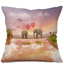 Two Elephants On A Bridge In The Sky With Balloons. Illustration Pillows 56922384