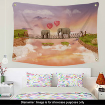 Two Elephants On A Bridge In The Sky With Balloons. Illustration Wall Art 56922384