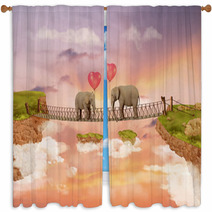 Two Elephants On A Bridge In The Sky With Balloons. Illustration Window Curtains 56922384