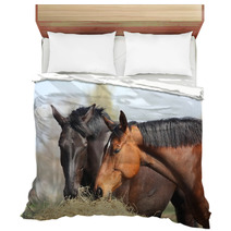 Two Horses Eating Hay Bedding 44133991