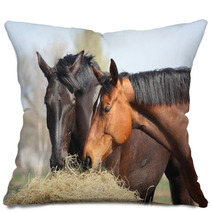 Two Horses Eating Hay Pillows 44133991