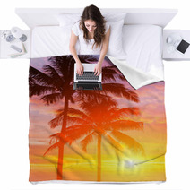 Two Palm And Beautiful Sunset Blankets 46425042