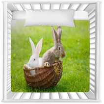 Two Rabbits In Wicker Basket Nursery Decor 65707687