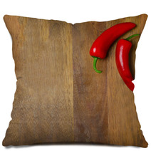 Two Red Hot Chili Peppers On A Wooden Background Pillows 66710225