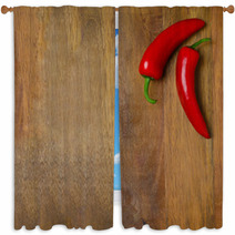 Two Red Hot Chili Peppers On A Wooden Background Window Curtains 66710225