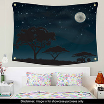 Two Rhinos Silhouetted Against A Starry African Sky Wall Art 49196933