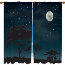Two Rhinos Silhouetted Against A Starry African Sky Window Curtains 49196933