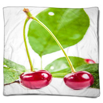 Two Ripe Cherries With Leaves Blankets 66685188