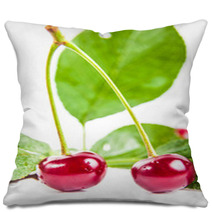 Two Ripe Cherries With Leaves Pillows 66685188