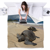 Two Turtles In The Sand In A Beach In Hawaii Blankets 53711119