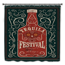 Typographic Retro Grunge Design Tequila Festival Poster Tequila Bottle With Stylized Mexican Skull Vector Illustration Bath Decor 100284266
