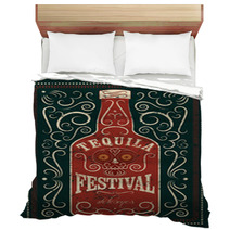 Typographic Retro Grunge Design Tequila Festival Poster Tequila Bottle With Stylized Mexican Skull Vector Illustration Bedding 100284266