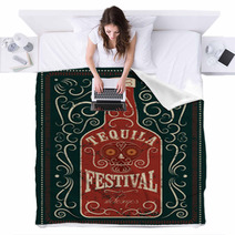 Typographic Retro Grunge Design Tequila Festival Poster Tequila Bottle With Stylized Mexican Skull Vector Illustration Blankets 100284266