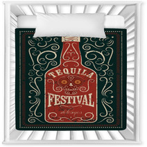 Typographic Retro Grunge Design Tequila Festival Poster Tequila Bottle With Stylized Mexican Skull Vector Illustration Nursery Decor 100284266