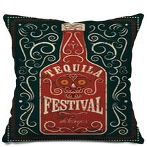 Typographic Retro Grunge Design Tequila Festival Poster Tequila Bottle With Stylized Mexican Skull Vector Illustration Pillows 100284266