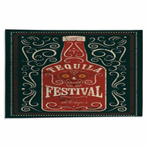 Typographic Retro Grunge Design Tequila Festival Poster Tequila Bottle With Stylized Mexican Skull Vector Illustration Rugs 100284266
