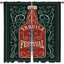 Typographic Retro Grunge Design Tequila Festival Poster Tequila Bottle With Stylized Mexican Skull Vector Illustration Window Curtains 100284266