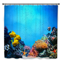 Underwater Scene. Coral Reef, Fish Groups In Clear Ocean Water Bath Decor 52173106