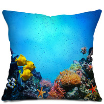 Underwater Scene. Coral Reef, Fish Groups In Clear Ocean Water Pillows 52173106