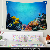 Underwater Scene. Coral Reef, Fish Groups In Clear Ocean Water Wall Art 52173106