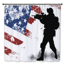 US Solgier With An American Flag On The Background Bath Decor 43260560