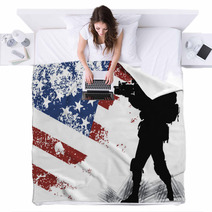 US Solgier With An American Flag On The Background Blankets 43260560