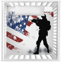 US Solgier With An American Flag On The Background Nursery Decor 43260560