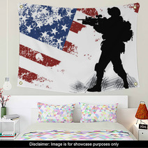 US Solgier With An American Flag On The Background Wall Art 43260560