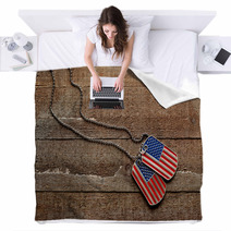 Usa Dog Tags On Wooden Background Blankets 111729690