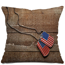 Usa Dog Tags On Wooden Background Pillows 111729690