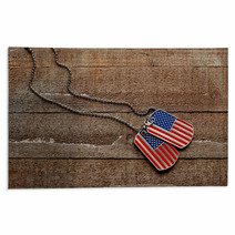 Usa Dog Tags On Wooden Background Rugs 111729690
