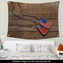 Usa Dog Tags On Wooden Background Wall Art 111729690