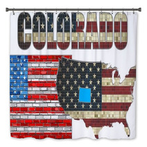 Usa State Of Colorado On A Brick Wall Illustration The Flag Of The State Of Colorado On Brick Textured Background Colorado Flag Painted On Brick Wall Font With The United States Flag Bath Decor 110365597