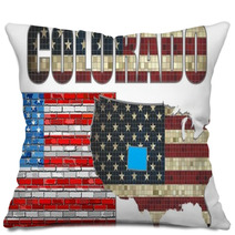 Usa State Of Colorado On A Brick Wall Illustration The Flag Of The State Of Colorado On Brick Textured Background Colorado Flag Painted On Brick Wall Font With The United States Flag Pillows 110365597