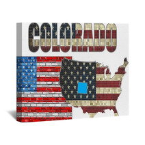Usa State Of Colorado On A Brick Wall Illustration The Flag Of The State Of Colorado On Brick Textured Background Colorado Flag Painted On Brick Wall Font With The United States Flag Wall Art 110365597