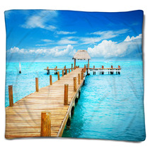Vacation In Tropic Paradise. Jetty On Isla Mujeres, Mexico Blankets 40822521