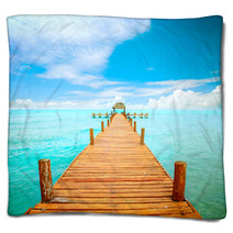 Vacations And Tourism Concept. Jetty On Isla Mujeres, Mexico Blankets 42699552