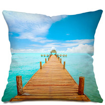 Vacations And Tourism Concept. Jetty On Isla Mujeres, Mexico Pillows 42699552