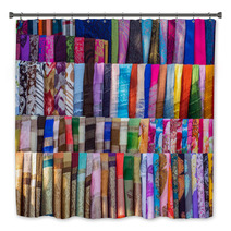 Various Of Colorful Fabrics And Shawls At A Market Stall Bath Decor 67007817