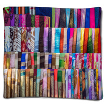 Various Of Colorful Fabrics And Shawls At A Market Stall Blankets 67007817