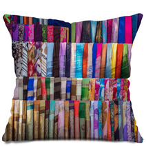 Various Of Colorful Fabrics And Shawls At A Market Stall Pillows 67007817