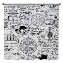 Vector Abstract Seamless Background On The Theme Of Travel Adventure And Discovery Old Manuscript With Caravels Wind Rose Anchors And Other Nautical Symbols With Blots And Stains In Vintage Style Bath Decor 205507970