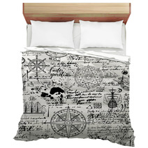 Vector Abstract Seamless Background On The Theme Of Travel Adventure And Discovery Old Manuscript With Caravels Wind Rose Anchors And Other Nautical Symbols With Blots And Stains In Vintage Style Bedding 205507970