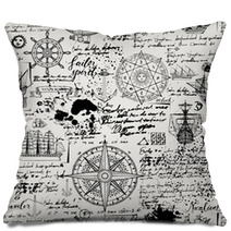 Vector Abstract Seamless Background On The Theme Of Travel Adventure And Discovery Old Manuscript With Caravels Wind Rose Anchors And Other Nautical Symbols With Blots And Stains In Vintage Style Pillows 205507970