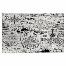 Vector Abstract Seamless Background On The Theme Of Travel Adventure And Discovery Old Manuscript With Caravels Wind Rose Anchors And Other Nautical Symbols With Blots And Stains In Vintage Style Rugs 205507970