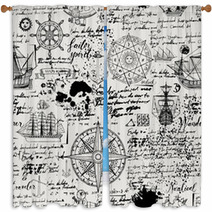 Vector Abstract Seamless Background On The Theme Of Travel Adventure And Discovery Old Manuscript With Caravels Wind Rose Anchors And Other Nautical Symbols With Blots And Stains In Vintage Style Window Curtains 205507970